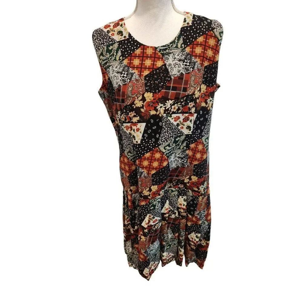 70s Inspired Sleeveless Colorful Knee Length Drop Waist Dress L Patchwork Granny